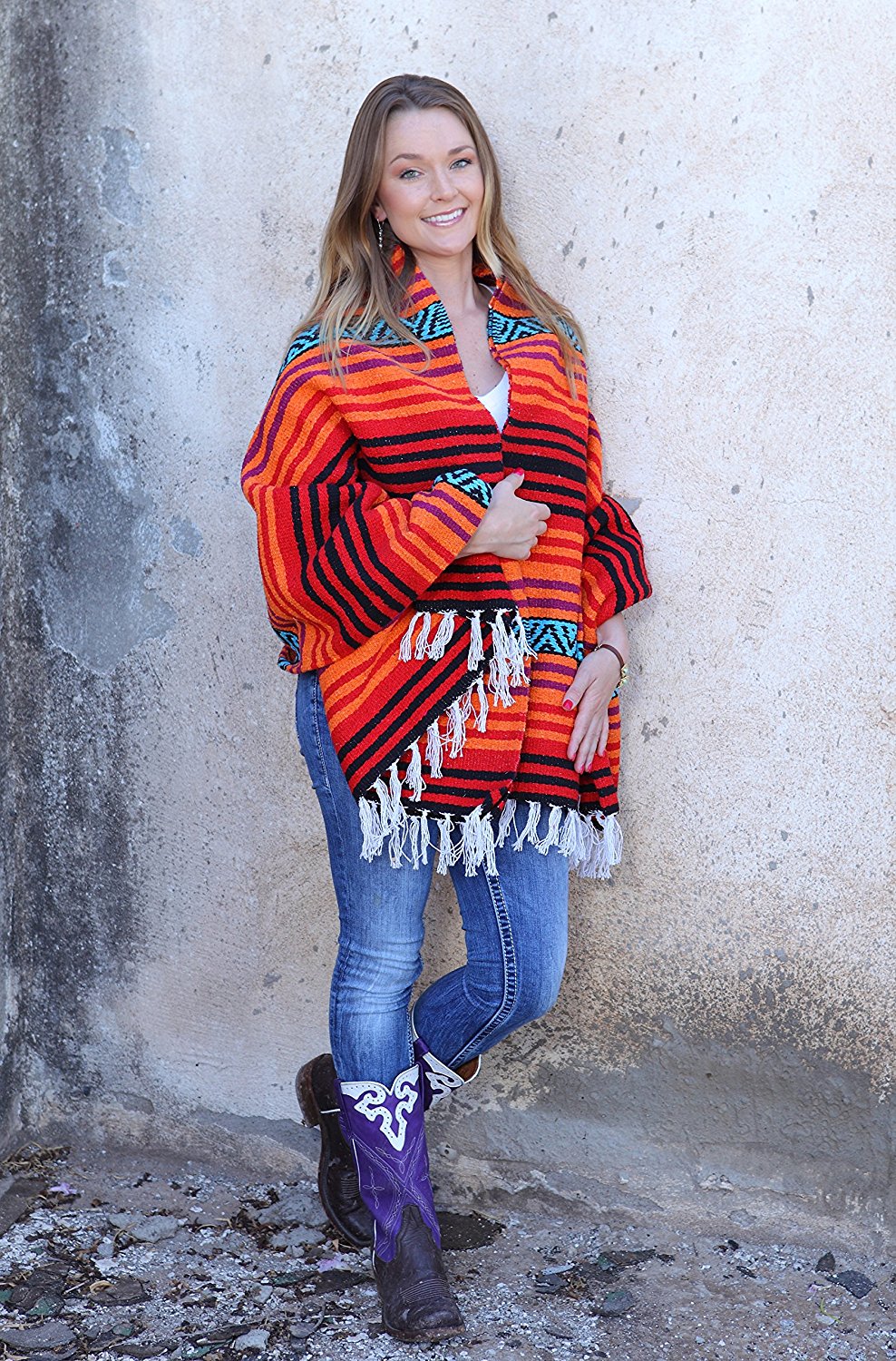 Classic Mexican El Paso Hippie Blanket With Falsa Stripe Pattern