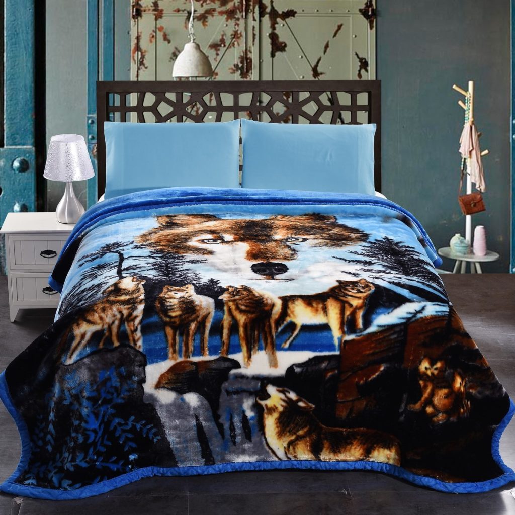 Blue Wolf Mink Blanket King Size Heavy Korean Style Jml Plush Blankets With 2 Ply Printed Beautiful San Marcos Blankets For Homes